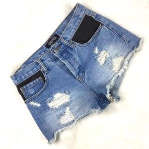 Forever 21 Denim Shorts Faux Leather Pockets Sz 25